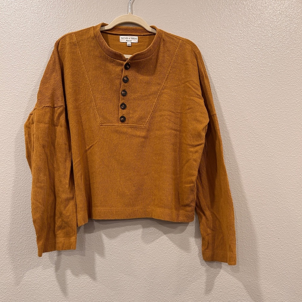 Madewell Texture & Thread Mustard Yellow Ribbed Henley Top Long Sleeve Large